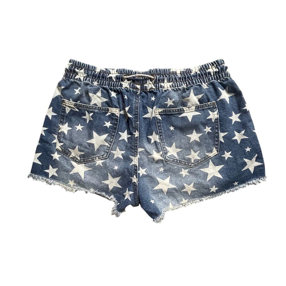 Women's L Star Spangled Print Denim Drawstring Shorts Frayed Hem Poppy Style GUC - Picture 2 of 6